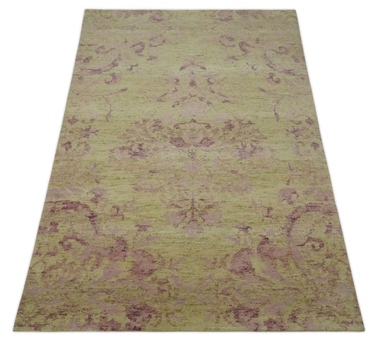 Traditional Floral pattern Hand Knotted Olive and Purple 3x5 ft Bedroom, Living Room Rug Wool Silk Area Rug