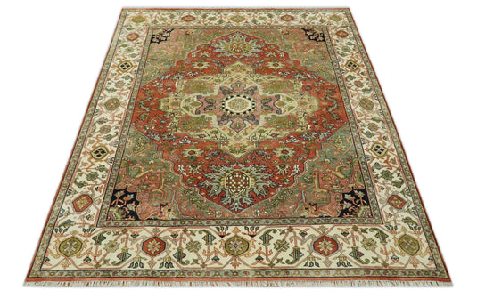 Hand Knotted Traditional Herati Green, Peach, Black, Ivory And Rust Wool Rug 8x10 ft Ideal for Living, Bedroom And Dining Rooms | CP2448810