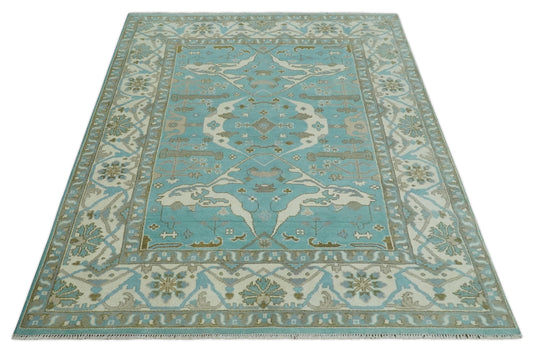 8x10 Aqua, Ivory and Charcoal Hand Knotted Oriental Oushak Wool Area Rug