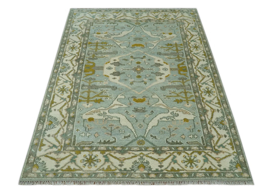 Custom Made Hand Knotted Oriental Oushak Aqua, Olive, Gray And Ivory Wool Area Rug