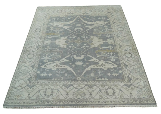 Traditional 8x10 Hand Knotted Charcoal, Ivory and Beige Oriental Oushak Wool Area Rug