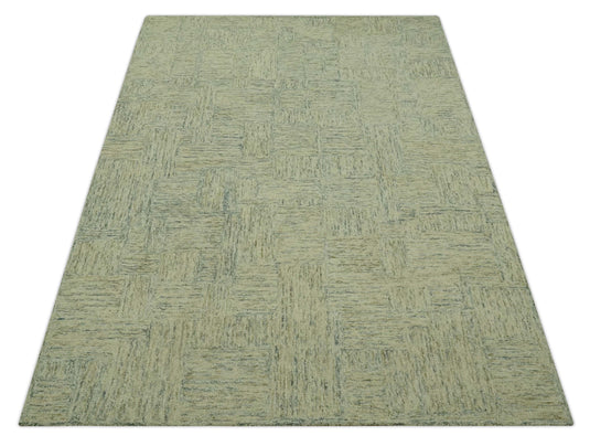 Hand Tufted Interlocking Squares Gray, Ivory And Olive Wool Rug 5x7.6 ft Ideal for Living, Bedroom And Dining Rooms