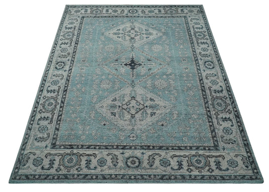 Traditional Antique Tribal Pattern Gray And Blue Hand Knotted 8x10 ft Bedroom, Living Room Rug Wool Area Rug