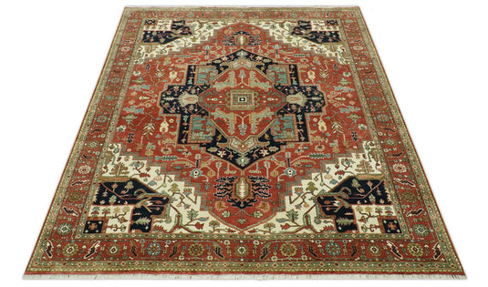 Hand Knotted Traditional Rust, Black And Ivory Wool Rug 8x10 ft Ideal for Living, Bedroom And Dining Rooms | CP2437810