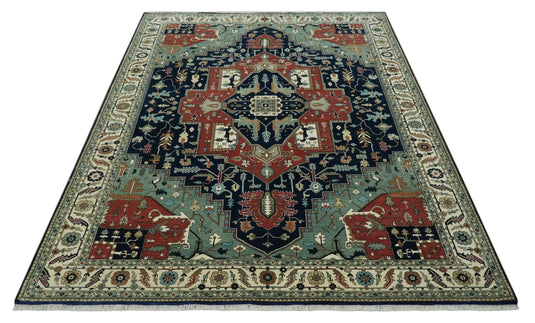 Black, Rust, And Green Traditional Serapi Hand Knotted Wool Rug 9x12 ft Ideal for Living, Bedroom And Dining Rooms | CP1811912B