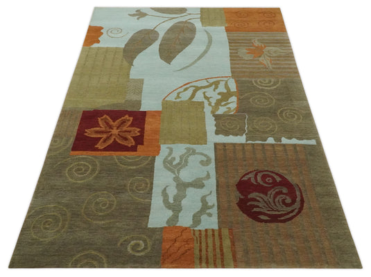 Traditional Leaf Block Print Handloom Green, Aqua and Olive 5x8 ft Bedroom, Living Room Rug , Wool Area Rug AAOC858