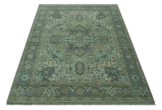 Traditional Heriz Green, Silver And Taupe Antique Style Hand Knotted Wool Rug 8x10 ft Ideal for Living, Bedroom And Dining Rooms