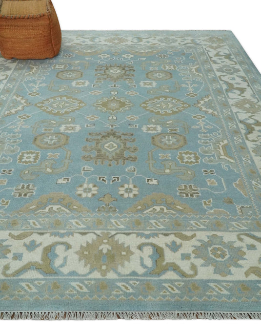 Traditional Persian Oushak Hand knotted Aqua, Ivory and Olive 8x10 wool Area Rug