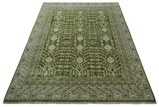 Traditional Oriental Oushak Hand knotted Green, Ivory and Silver 8x10 ft Bedroom, Living Room Rug ,wool Area Rug