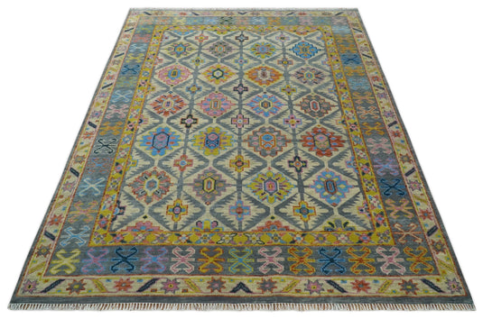 Hand Knotted Oriental Oushak Rug  Beige,Grey and Mustard Multi Size Ideal for Living, Bedroom, and Dining Room