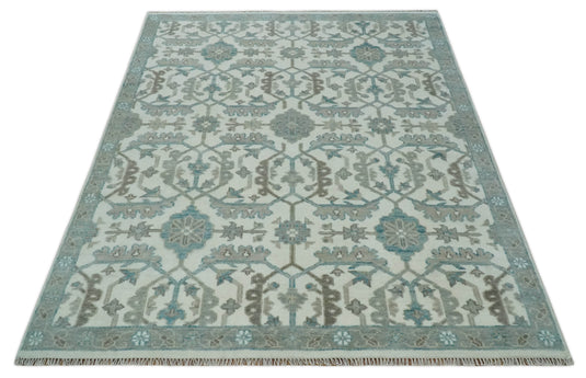 Traditional Oriental Oushak Hand knotted Ivory and Teal 8x10 ft Bedroom, Living Room Rug ,wool Area Rug