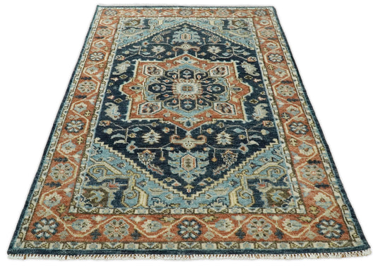 Traditional Heriz Hand knotted Blue and Rust 9x12 ft Bedroom, Living Room Rug ,wool Area Rug