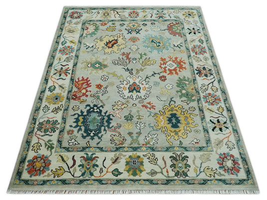 Hand Knotted Oriental Colorful Oushak Rug Silver and Ivory Multi Size Ideal for Living, Bedroom, and Dining Room