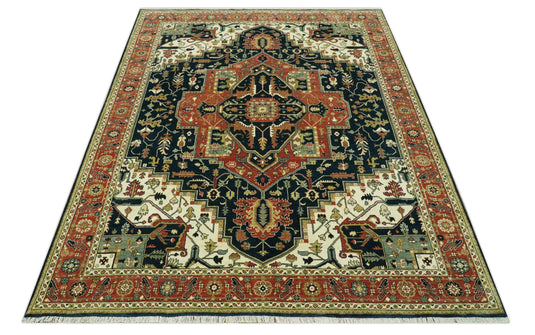 Hand Knotted Black, Rust And Cream Traditional Herati Wool Rug 9X12 ft Ideal for Living, Bedroom And Dining Rooms | CP2446912