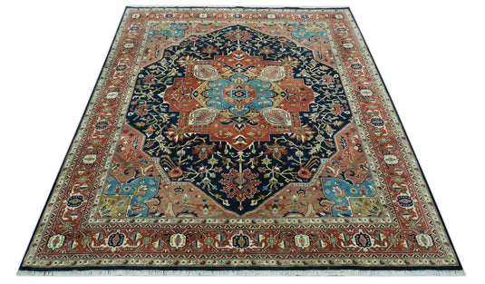 Hand Knotted Traditional Brown, Black, Blue And Olive Wool Rug 8x10 ft Ideal for Living, Bedroom And Dining Rooms | CP2443810