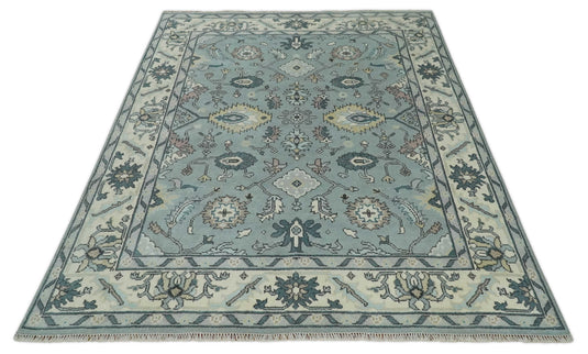 Oriental 8x10 Hand Knotted Blue And Ivory tradtional Antique Oushak Wool Area Rug