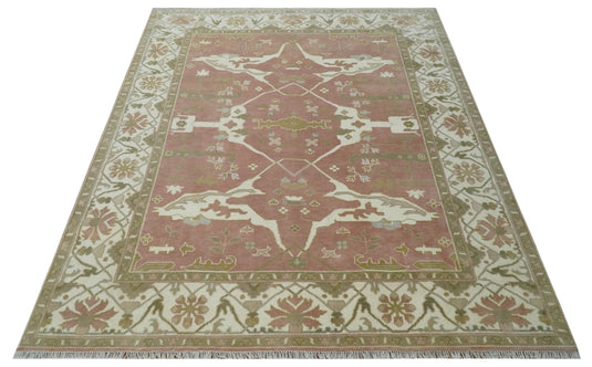 Vintage look Hand knotted Peach, Ivory and Olive 8x10 and 9x12 Oriental Oushak wool Area Rug