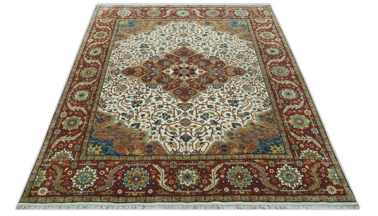 Hand Knotted Traditional Herati Ivory, Rust, Blue And Gold Wool Rug 8x10 ft Ideal for Living, Bedroom And Dining Rooms | CP2427810