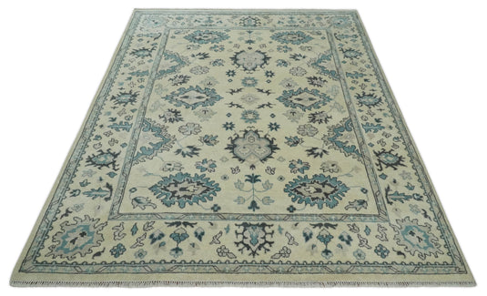 Traditional 8x10 Beige and Blue Hand Knotted Oriental Oushak Wool Area Rug