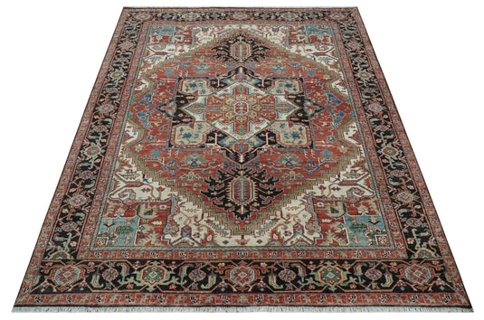 Vintage look Rust, Ivory and Black Hand knotted 8x10 Traditional Heriz wool Area Rug
