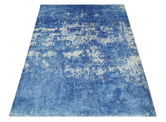 Modern Abstract Blue And Ivory Handloom 5.6x8 ft Bedroom, Living Room Rug Wool And Viscose Area Rug