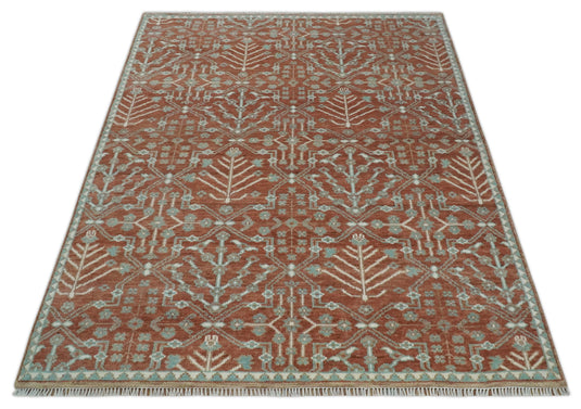 Turkish Floral Rust and Aqua Hand knotted 8x10 wool Area Rug