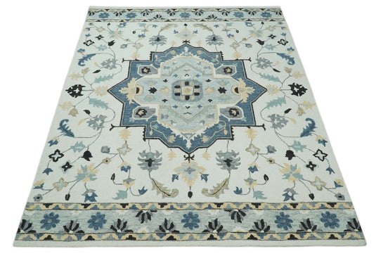 Central Medallion Ivory, Blue And Gray Hand Tufted Wool Area Rug- (FC)