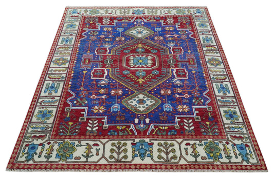 Hand knotted Maroon, Electric Blue and Ivory Multi Size Traditional Heriz Serapi wool area rug | CP1318