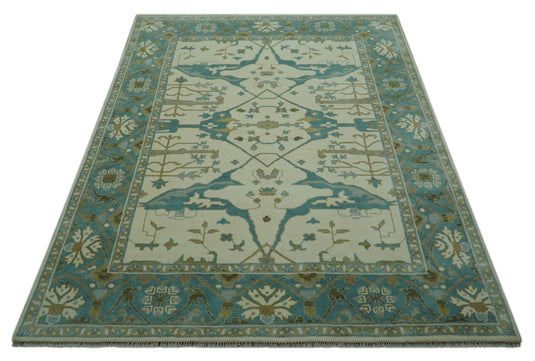 Traditional Oushak Traditional Oushak Ivory, Aqua, And Gray Hand Knotted Wool Rug 8x10 ft Ideal for Living, Bedroom And Dining Rooms