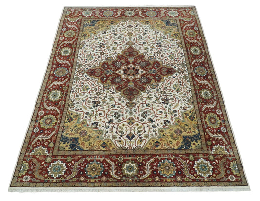 Premium look Hand knotted Ivory, Rust and Gold 8x10 Traditional Heriz Serapi wool Area Rug