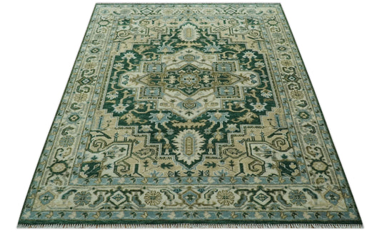 Green, Beige And Ivory Traditional Heriz Hand Knotted Wool Rug 8x10 ft Ideal for Living, Bedroom And Dining Rooms