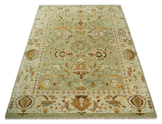 Traditional Vintage Persian Hand Knotted Oushak Rug Green and beige Multi Size Ideal for Living, Bedroom, and Dining Rooms | CP618