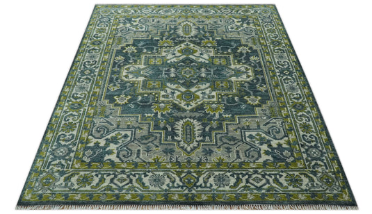Antique Style Traditional Heriz Green and Gray Hand Knotted Wool Rug 8x10 ft Ideal for Living, Bedroom And Dining Rooms