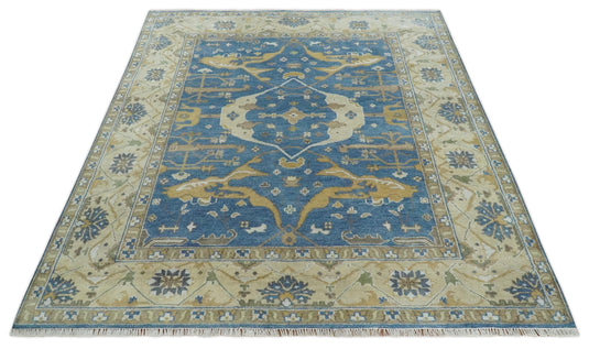 Traditional Oriental Oushak Hand knotted Blue and Beige 8x10 ft Bedroom, Living Room Rug ,wool Area Rug
