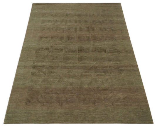 Modern Geometrical Pattern Handloom Brown and Olive 5x7 ft Bedroom, Living Room Rug , Wool, Art Silk Area Rug AAOC657