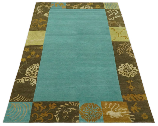 Traditional Floral Border Pattern Hand knotted Aqua Green and Brown 5x8 ft Bedroom, Living Room Rug , Wool Silk Area Rug AAOC358