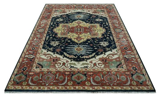 Hand Knotted Rust, Ivory And Black Herati Wool Rug 9x12 ft Ideal for Living, Bedroom And Dining Rooms | CP2470912