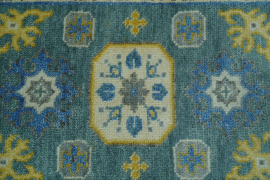 Octagonal Medallion Blue, Gold, Teal And Ivory Hand knotted Wool Rug 2x3 ft Ideal for Living, Bedroom And Dining Rooms