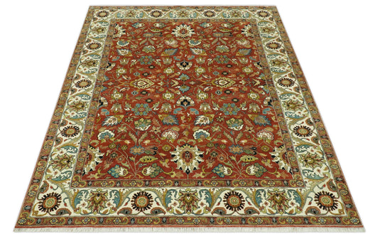 Hand Knotted Traditional Floral Rust, Beige, Blue And Ivory Wool Rug 8x10 ft Ideal for Living, Bedroom And Dining Rooms | CP2438810