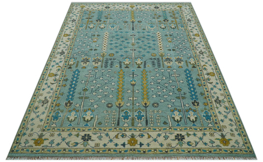 Turkish Wool Oushak Rug, Blue and Ivory Hand Knotted 6x9, 8x10, 9x12 and 10x14 Antique Vintage Style Rug, Bedroom, Living Room Rug