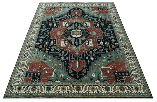 Brown, Black, Ivory and Blue Hand knotted 9x12 Traditional Heriz wool area Rug