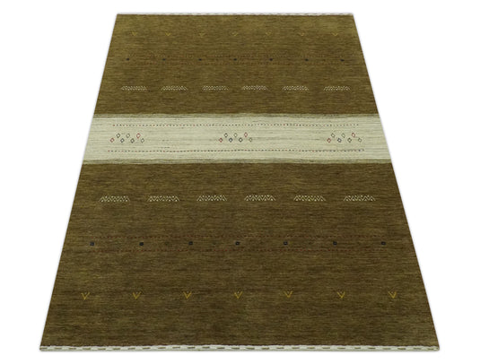 Lori Ivory And Green Handloomed 4.6x6.6 ft Bedroom, Living Room Rug Wool Area Rug