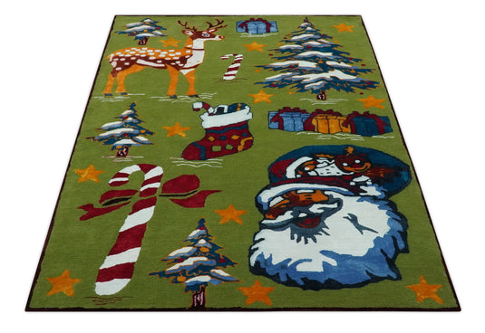 Colorful Christmas Theme Green, Gold, Blue, White And Red Hand Tufted 2x3 ft Bedroom, Kids Room Rug Wool Area Rug