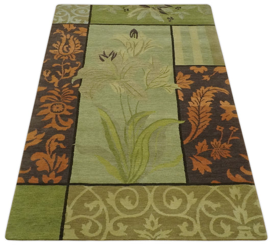 Traditional Leaf Block Print Design Brown, Green, Rust and Olive Handloomed 5x8 ft Bedroom, Living Room Rug Wool Area Rug