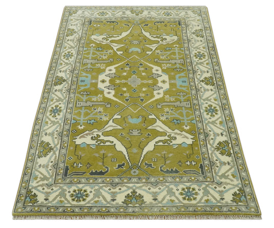 Hand Knotted Oriental Oushak Olive, Ivory, Gray And Blue Wool Rug 6x9 ft Ideal for Living, Bedroom And Dining Rooms | CP240269