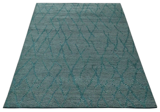 Custom Made Modern Horizontal Stripes Teal Hand Knotted Wool Area Rug