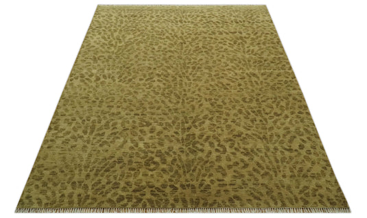 Custom Made Hand Knotted Olive Green And Khaki Leopard Print Design Wool Area Rug
