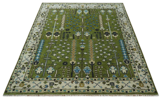 Green and White, Tree of Life Vintage Persian Hand Knotted, Antique Turkish 8x10 Wool Rug, Living Room | CP1617810S