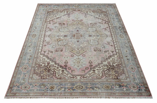 Beige, Peach and Silver Antique Finish Hand knotted Heriz Serapi Multi Size wool Area Rug