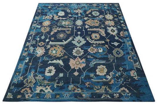 Traditional Floral Pattern Blue, Beige, Peach and Navy Blue Hand Knotted 8x10 ft wool Area Rug